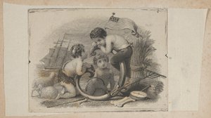 Bankovka viněta se třemi putti jako pastýř, farmář a námořník, ca. 1824-37.