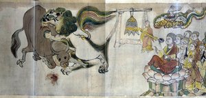 Triumf Sariputry nad kacíři. Moudrý Sariputra dokazuje nadřazenost buddhismu tím, že ukazuje lva prostřednictvím zázračného dítěte: kolouch sežere býka, kterého heretický kouzelník vynesl na světlo.