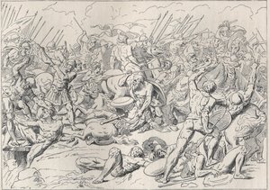 Peloponéská válka: Bitva u Potidee (La battaglia di Potidea), kde mu řecký filozof Sokrates zachránil život v Alkibiade. (Graving d