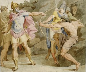 Philoctetes míří na Odyssea s Herkulovým lukem - dílo Asmuse Jacoba Carstense (1754-1798), inkoust a akvarel na papíře (49,5 x 58,5 cm)