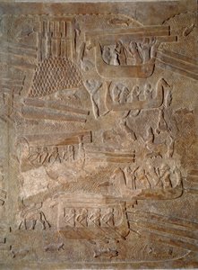 Umění Mezopotámie (Asýrie): nádvoří paláce asyrského krále Sargona II. (721 - 705 př. n. l.) převoz cedrového dřeva z Libanonu. Paříž, Musee du Louvre od Assyrian