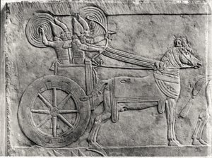 Fragment reliéfu znázorňujícího asyrskou armádu v bitvě z Aššurbanipalského paláce v Ninive, cca 645 př. n. l. detail kamene z roku 161334 bw foto od Assyrian