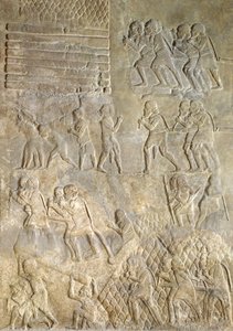 Reliéf zobrazující nosiče přivážející dřevo na pobřeží pro přepravu po moři. z paláce Sargon II, Khorsabad, Irák