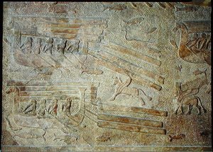 Reliéf zobrazující lodě přepravující dřevo z paláce Sargona II., Khorsabad, Irák od Assyrian