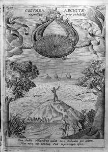 Archytas z Taranta (435-347 př. n. l.) létá s dřevěnou holubicí. Rytina z „Mundus Subterraneus“ od Athanasius Kircher (1601-1680), jezuita, orientalista a učenec. od Athanasius Kircher
