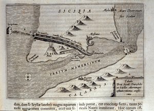 Kartografické znázornění Charybde““ a „Scylla““ v Detroitu Messina, Sicílie“““ Rytina z „Mundus Subterraneus““ od Athanasius Kircher (1601-1680), jezuita, orientalista a učenec 1682