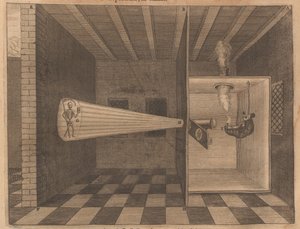 Magická lucerna zobrazující Smrt z Ars Magna Lucis, 1671.