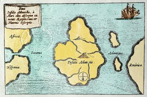 Mapa legendárního ostrova Atlantis - z Mundus Subterraneus Athanase Kircher (nebo Athanasius Kircheri)