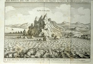 Pohled na skály „“ Charybde““ a „“ Scylla““ v Detroitu Messina, Sicílie“““ Rytina z „“Mundus Subterraneus““ od Athanasius Kircher (1601-1680), jezuita, orientalista a učenec 1682 od Athanasius Kircher