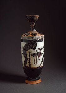 Řecké umění: “”Hérakles a Atlas”” Detail Hérakla (Herkula) Lekythos (lecyth) bílý realizovaný malířem Athény (450-400 př.nl). Athény, Národní archeologické muzeum od Athena Painter (workshop of)