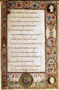 Stránka z rukopisu "Il Canzoniere" od Francesca Petrarcy (1304-1374). Miniatura od Attavante degli Attavanti (1452-1525), Národní knihovna, Florencie od Attavante di Gabriello di Vanti di Bartolo