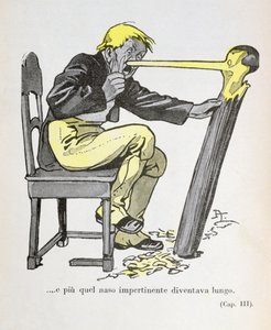 "Pinocchiovi začal růst nos, zatímco Gepetto pokračoval ve vyřezávání jeho postavy", ilustrace z filmu "Pinocchio", Carlo Collodi (1826-90) 1935 (barevná litografie)