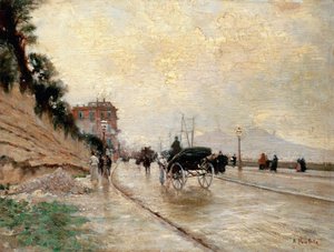 Přeprava na promenádě v Neapoli (olej na panelu)