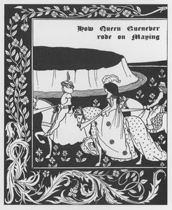 Artušovská legenda: „“ Queen Guenievre Queen of May”” Rytina do „“The Morte of Arthur”” od Sira Thomase Maloryho, vydání ilustrované Aubrey Beardsley (1872-1898) 1893-1894 (Arthurianská legenda: královna Guenever (Guinevere) maying , ilustrace Aubrey Beard od Aubrey Beardsley