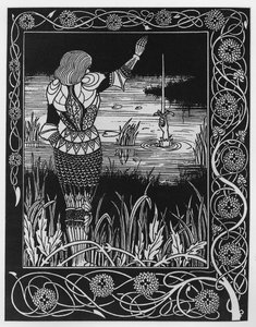 Jak sir Bedivere hodil meč Excalibur do vody, ilustrace z „Le Morte d