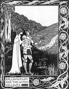 Sir Launcelot a čarodějnice Hellawes (Lancelot a čarodějnice Hellawes) Ilustrace Aubrey Beardsley (1872-1898) z knihy Thomase Maloryho „The Death of Arthur“ od Aubrey Beardsley