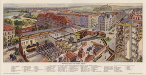 Kanalizace moderního města, Schoeneberg, Německo (barevná litografie)