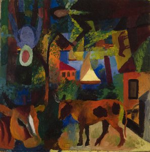 Krajina s krávami, plachetnicí a namalovanými figurkami od August Macke
