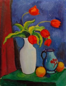 Červené tulipány v bílé váze od August Macke