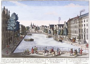 Vue of Kleveniers Canal, Amsterdam, cca 1740-1770 (ručně kolorovaná rytina) od August Vindel