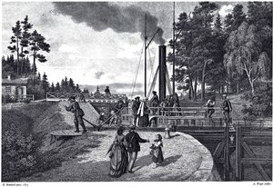 Pohled na zdymadlo Juustila ve Finsku, 1873