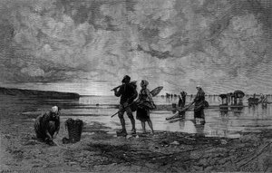 Velká klisna v kanálu La Manche (19. století): rybáři mušlí na pláži. Rytina podle obrazu Hagborga Augusta Wilhema Nikolause (1852-1921/1925) v „The Illustrous World“ n°1219 ze 7. srpna od August Wilhelm Nikolaus Hagborg