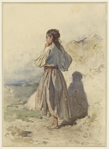Maďarská žena, stojící tři čtvrtiny vlevo, při pohledu zezadu od August Xaver Carl von Pettenkofen