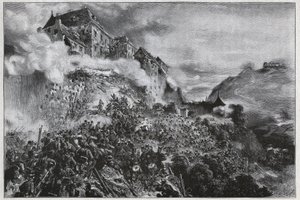 Maďarská revoluce 1848-1849: Maďarskí rebelové zaútočili na Budínský (Troubový) hrad 21. května 1849 - po litografii Augusta von Pettenkofera od August Xaver Karl von Pettenkofen