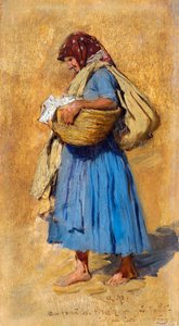 Farmářova žena smrká - Obraz Augusta Rittera von Pettenkofena (1821-1889), olej na dřevě (15,4x8,4 cm), cca 1871-1874 - Leopold Museum, Vídeň (Rakousko) od August Xaver Karl von Pettenkofen
