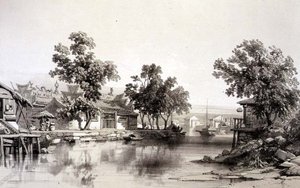 Chrám a kanál Honan, deska 29 z „Sketches of China“, vyryl Eugene Ciceri (1813-90) 1842 (tónované lito)
