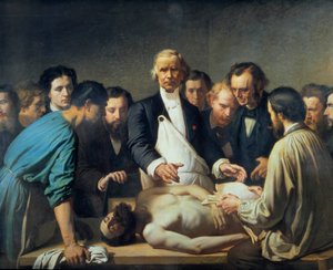 Doktor Alfred Velleau (1795-1867) z Charity přistoupí k pitvě Lékař obklopený svými studenty, kteří jsou připraveni zasáhnout u mrtvoly. Obraz Francoise Feyena Perrina (1826-1888). 19. století. Prohlídky musee des Beaux Arts - Alfred Velpeau od Auguste (after) Feyen Perrin