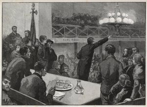 Setkání pro stávku u Vooruit v roce 1885 - rytina v roce 1885 „Le monde illustrious“ - kresba Gerardin od Auguste (after) Gerardin