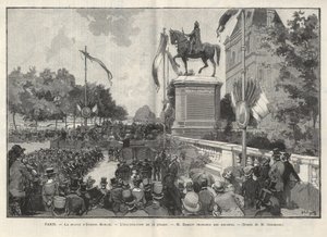 Paříž - - Projev pana Darlota během inaugurace 15. července 1888 v Hotel de Ville de Paris sochy Etienna Marcela - Gerardinova kresba v „The Illustrous World“ z roku 1888 od Auguste (after) Gerardin