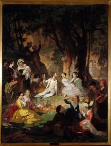 Ochutnávka Champetre Scéna pikniku v buržoazní společnosti. Obraz od Barthelemyho Glaizese (1807-1893) 1850 Montpellier, Fabre Museum