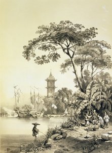 Pagoda na Macao-kantonském kanálu, deska 21 z „Sketches of China“, vyryla Eugene Ciceri (1813-90) 1842 (tónované litho)