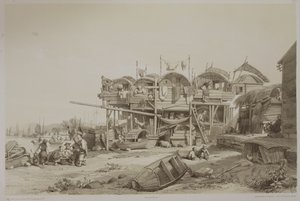 Bydlení pro chudé ve vnitřním přístavu Macaa, deska 13 z knihy "Sketches of China", vyryl Eugene Ciceri (1813-90) 1842 (tónovaná litografie)