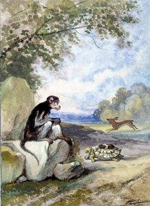 Ilustrace bajky „Zajíc a želva““ od Jean de La Fontaine. Akvarel od Augusta Delierra (1829-c.1890)