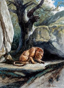 Ilustrace bajky „Lev a krysa““ od Jean de La Fontaine. Akvarel od Augusta Delierra (1829-c.1890)