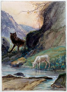 Ilustrace bajky „Vlk a beránek“ od Jean de La Fontaine. Akvarel od Augusta Delierra (1829-c.1890)