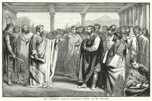 Císař Marcus Aurelius se přichází učit (rytina) od Auguste Francois (after) Laby