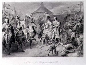 Setkání na poli zlatého plátna, 24. června 1520, vyryto Millinem (rytina) od Auguste Hyacinthe (after) Debay
