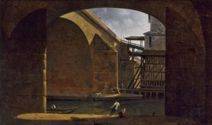 Most Notre-Dame a pumpa, pohled z klenutého nábřeží Quai de Gesvres, 1816 (olej na plátně) od Auguste Jacques Regnier