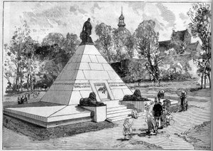 Pohled na pomník postavený na památku francouzského egyptologa Auguste-Edouarda (Auguste Edouard) Mariette (1821-1881) v Boulogne sur Mer (Boulogne-sur-Mer), Pas de Calais (62). Rytina od Lepere v ""Le Monde Illustre"" č. 1322 z 29. července 1882. od Auguste Lepere