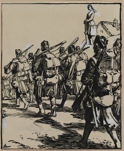 Bitva o hranice: Skupina britských vojáků od Auguste Louis Lepère