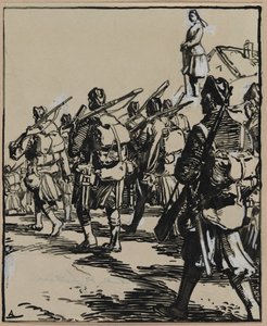 Bitva o hranice: Skupina britských vojáků od Auguste Louis Lepère