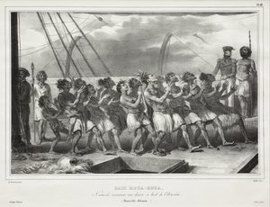 Zátoka Houa-Houa, domorodci předvádějící tanec na palubě lodi Astrolabe (Nový Zéland), [Uawa/Tolaga Bay, Natives Performing a Haka on Board the Astrolabe (New Zealand)] od Auguste Raffet