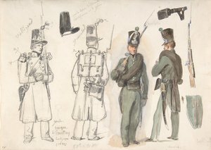 Uniformy civilní stráže v Courtray, Belgie, 1832.