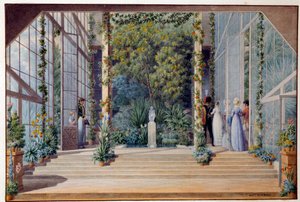 Návštěva teplého skleníku zámku Malmaison Aquarelle od Augusta Garneraye (1785-1824) 1823 Ne. 0,16x0,24 m Malmaison, musee du chateau