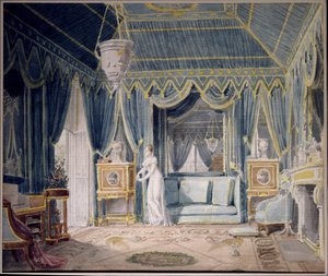 Budoár královny Hortense de Beauharnais (1783-1837) v roce 1811. Akvarel od Auguste Garneray (1785-1824). Soukromá sbírka