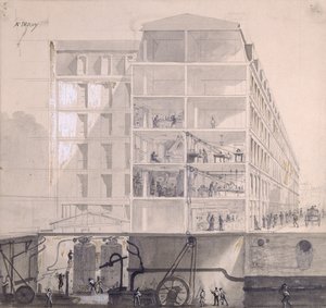 Průřez ubytováním dělníků v XIth Arrondissement v Paříži, kolem roku 1875 (pero, inkoust a kvaš na papíře)